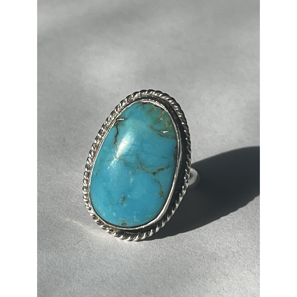 Turquoise Stone Ring Silver Tone Large Oval Statement Boho Southwest Size 6